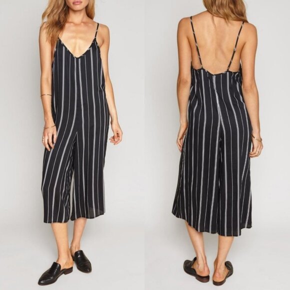 Revolve Wide Leg Jumpsuit Black White Amuse Society Lightweight V-Neck Jumper‎ S - Picture 1 of 10